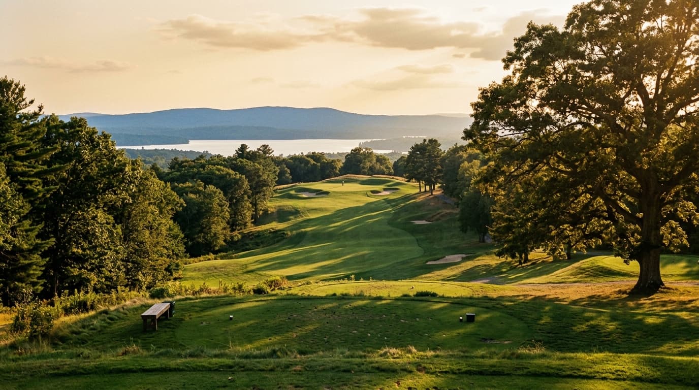Hilltop fairway with dramatic elevation change and a view toward the Wachusett Reservoir at Wachusett Country Club in West Boylston, Massachusetts at golden hour