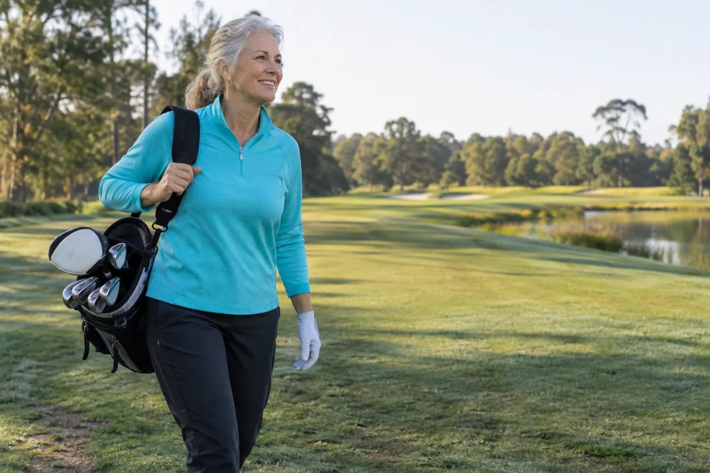 a golfer in a turquoise pullover strolling beside a flat fairway with a lightweight carry bag