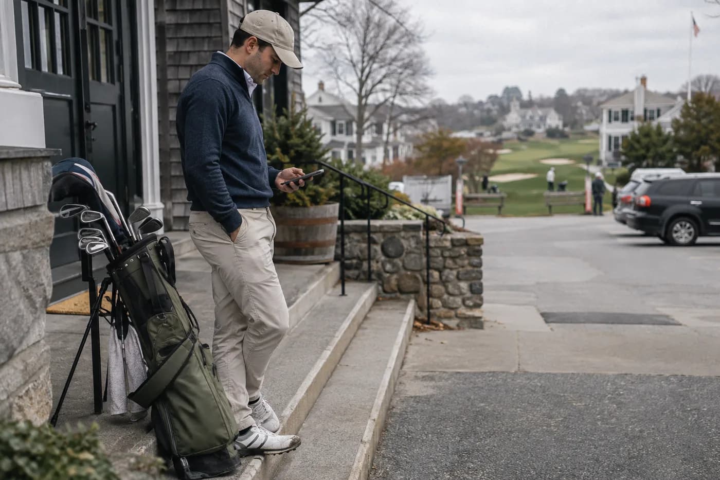 a golfer reading a short text beside a carry bag on a city doorstep