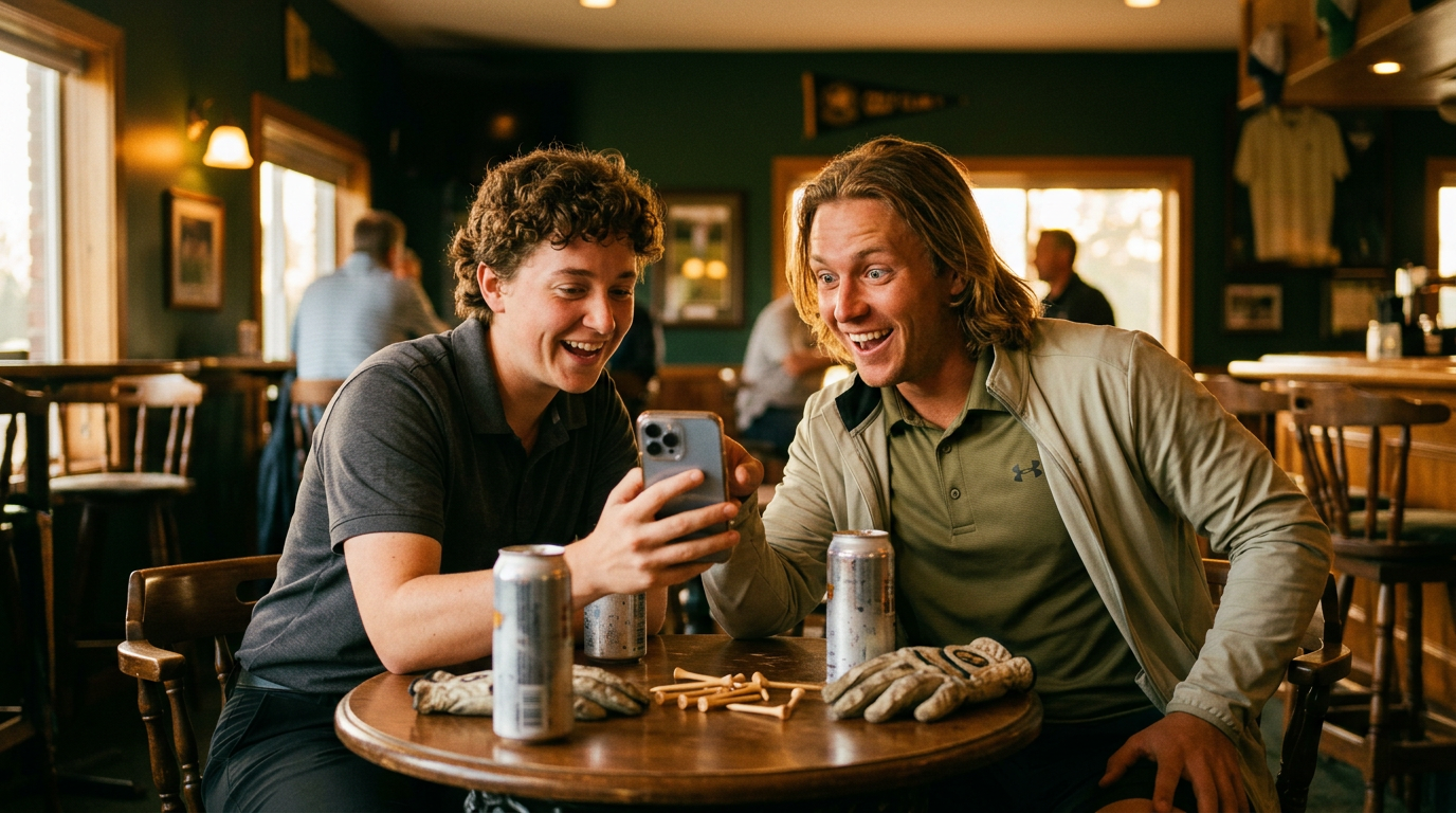 Two guys celebrating at a bar after successfully booking a tee time on their phone