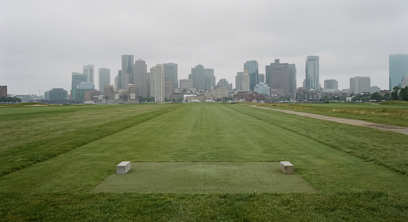 Flat featureless golf hole with the Boston skyline in the distance on a grey day