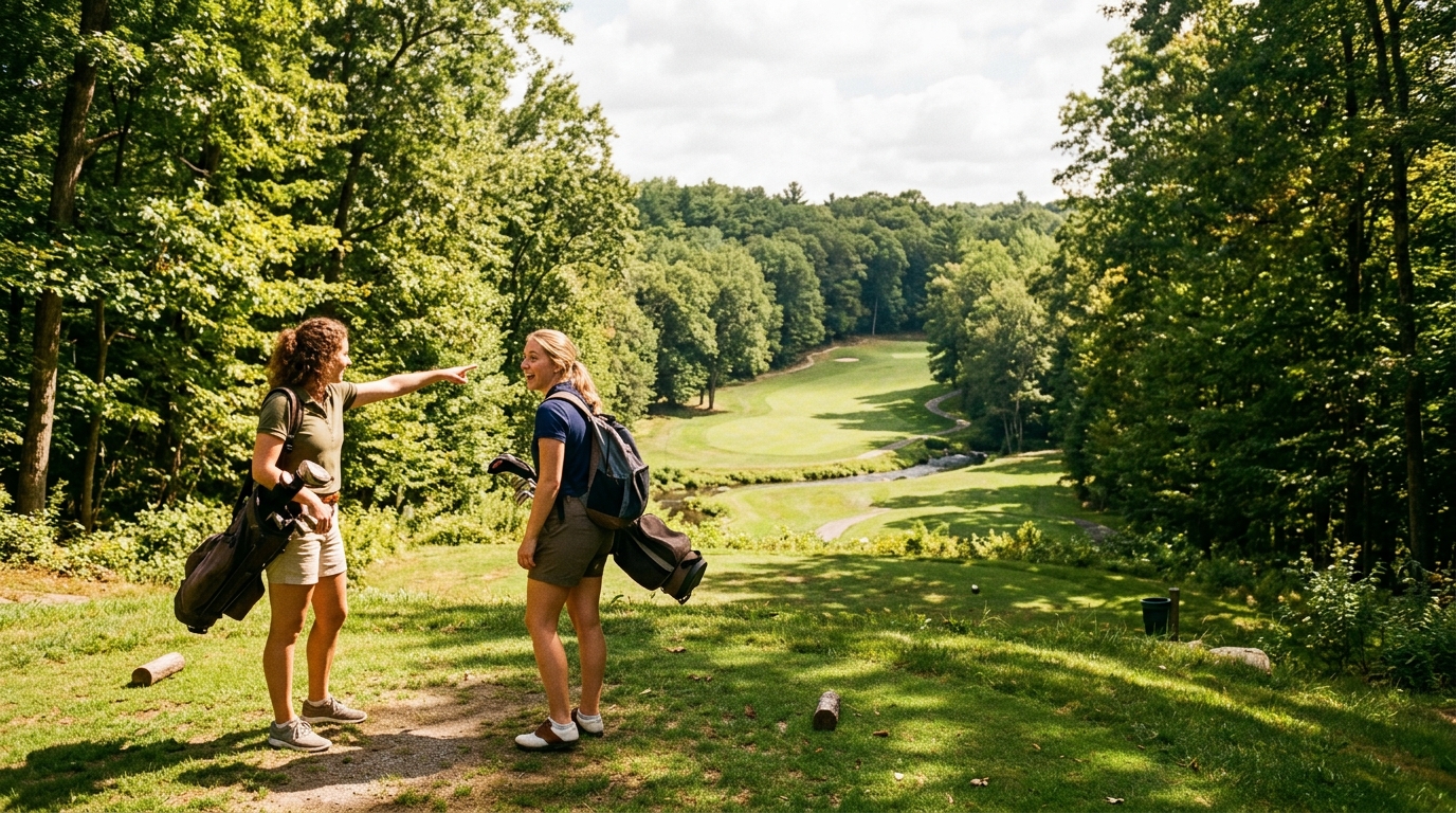 Two golfers looking out over a scenic wooded golf hole at an underrated Boston-area course